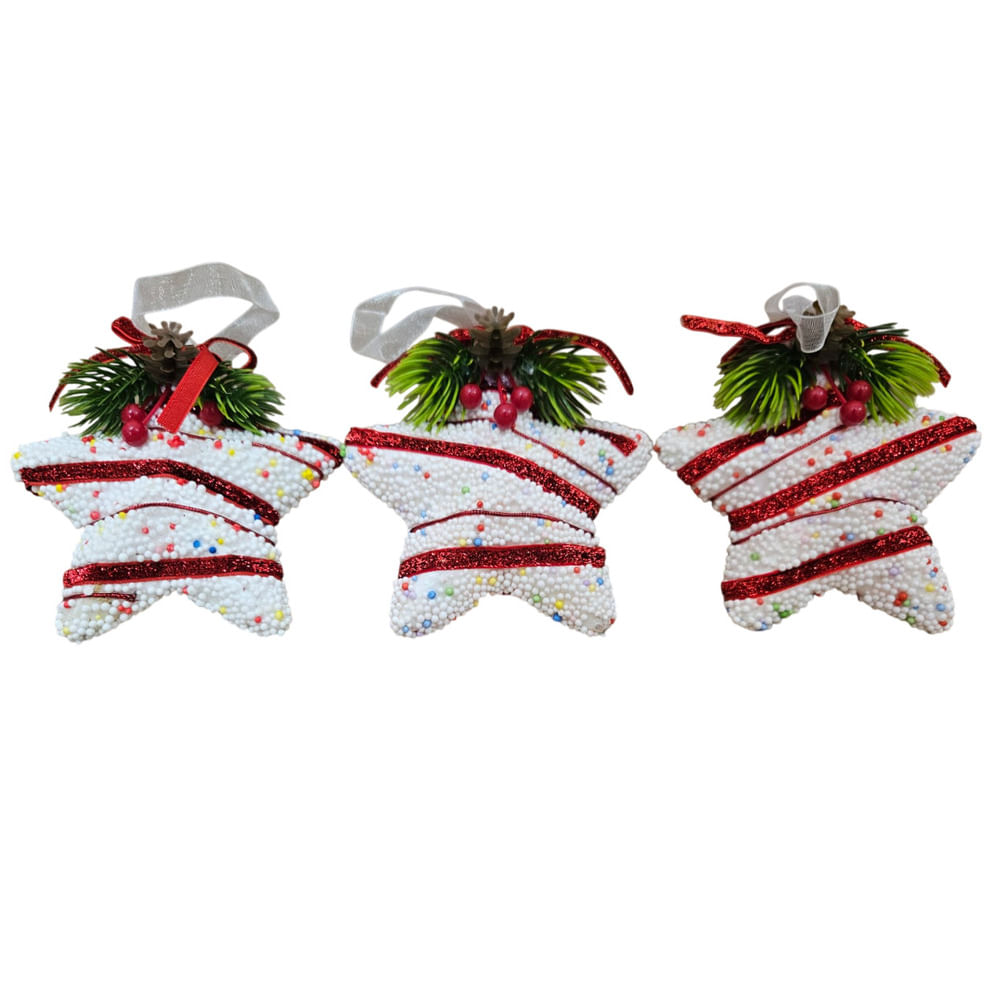 Adorno Navideño Estrella Patchwork Rojo con Blanco 11 Cm X 3 Und Adorno Navideño Estrella Patchwork Rojo con Blanco 11 Cm X 3 Und