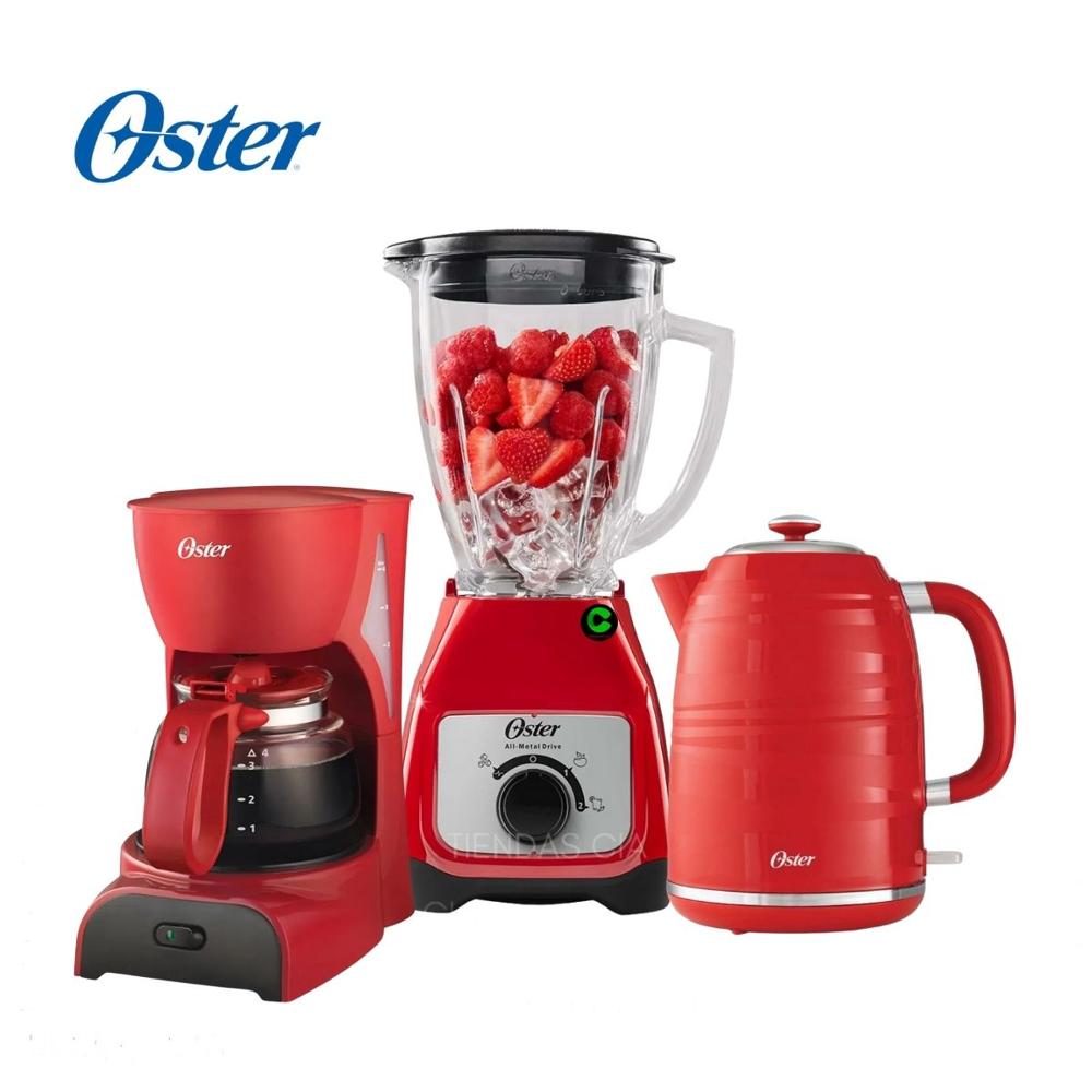 TriCombo Rojo Oster Licuadora BLSTKAGRRD- Cafetera y Hervidor 1.7 L