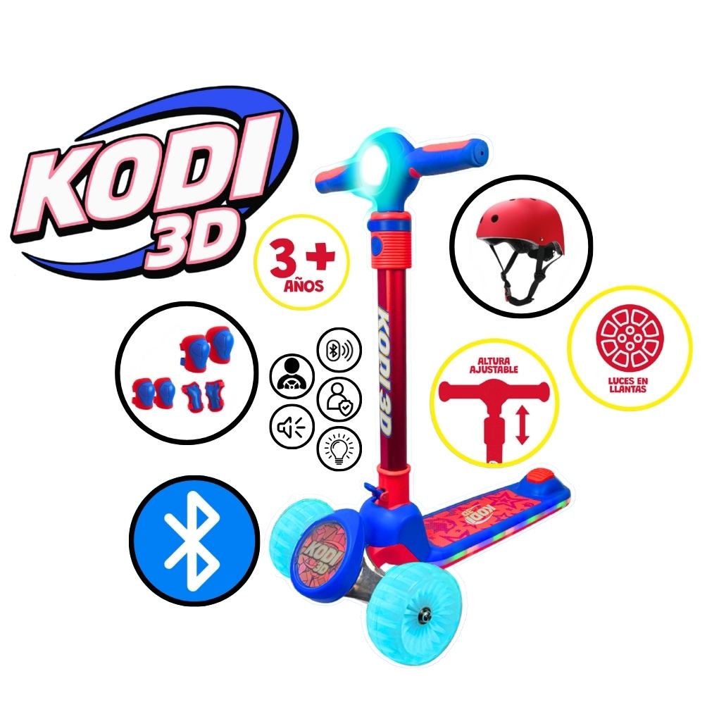SCOOTER PARA NIÑOS CON BLUETOOTH Y LUCES KODI AZUL Y ROJO 3D KO-2531