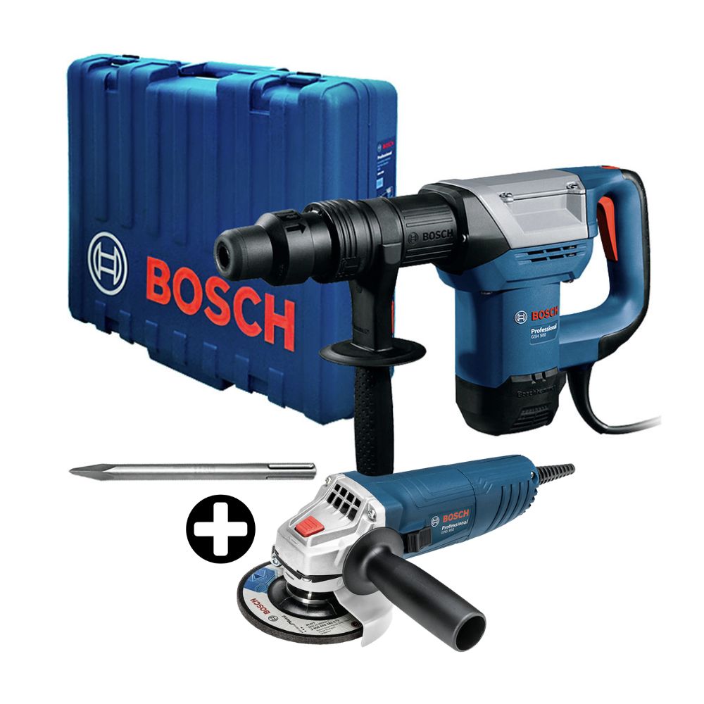 COMBO Martillo demoledor Gsh 500 + Cincel + Maletín + Amoladora Angular GWS 850 M14 850W Bosch