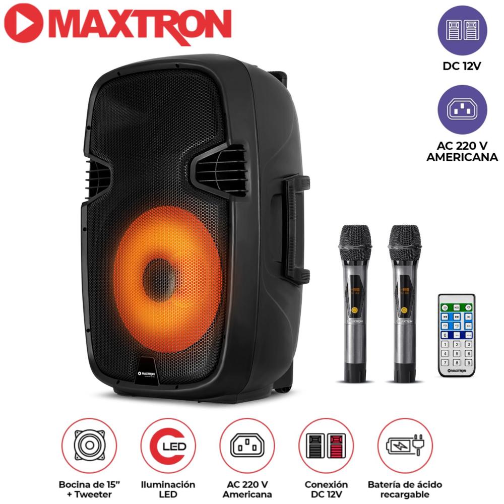 Parlante Portátil Maxtron MX1550V Full Fiesta 15"" USB BT TWS  2 micrófonos inalámbricos