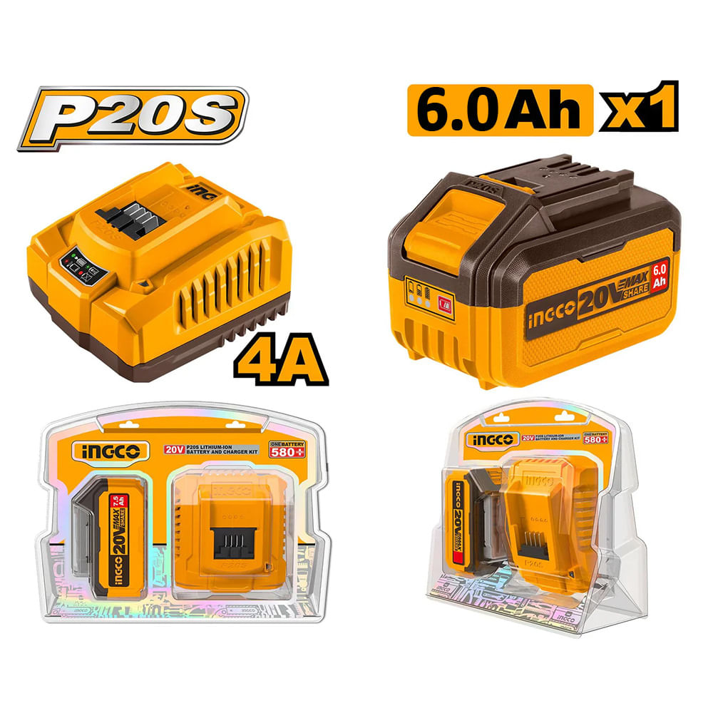 Set Batería Ingco 20V 6.0AH con Cargador 4A FBCPK1416