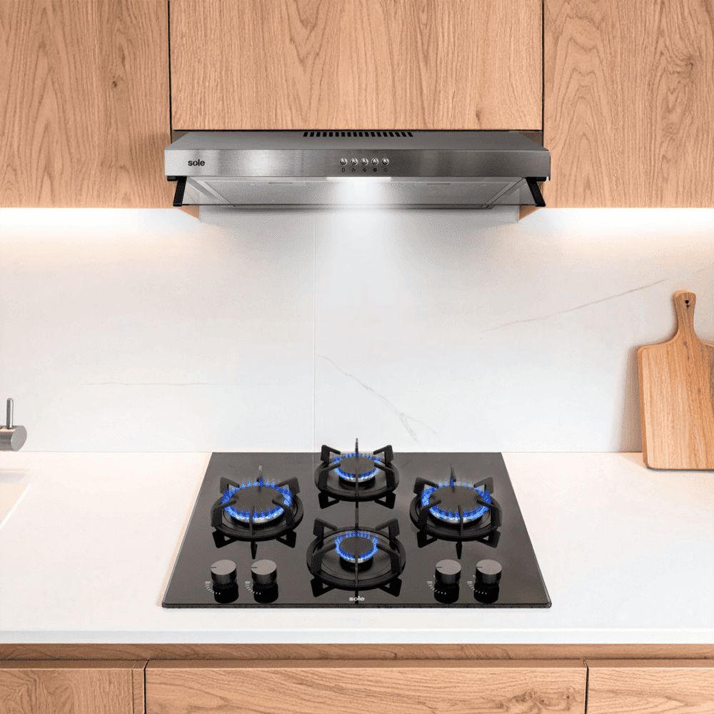 COMBO SOLE 1719 Encimera Rubí Vidrio y Camp Extractora Roma Inox