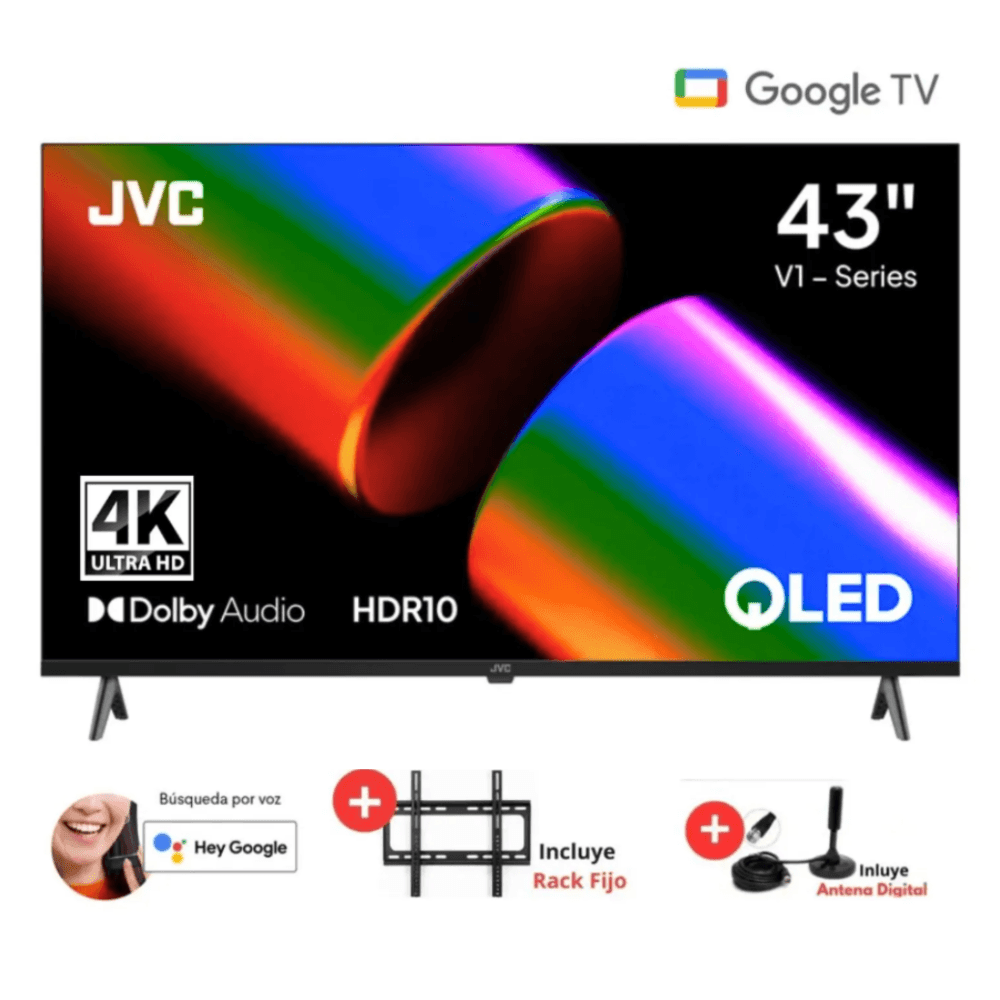 Televisor JVC 43 UHD 4K QLED Google TV LT-43KB758 Con RackFijo y AntenaDigital