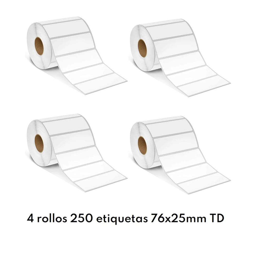 4 rollos de 250 etiquetas adhesivas 76x25mm térmico directo blanco TD 3x1 pulgada