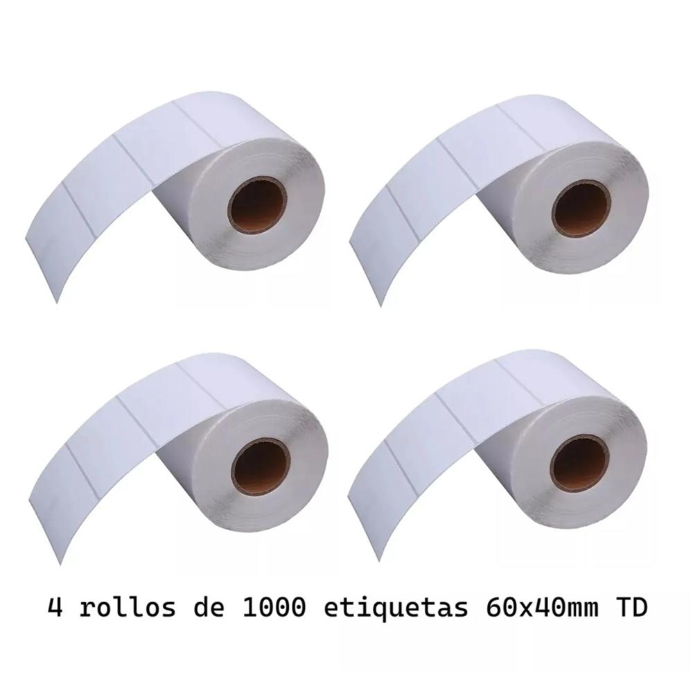4 rollos de 1000 etiquetas adhesivas térmico directo 60x40mm blanco TD