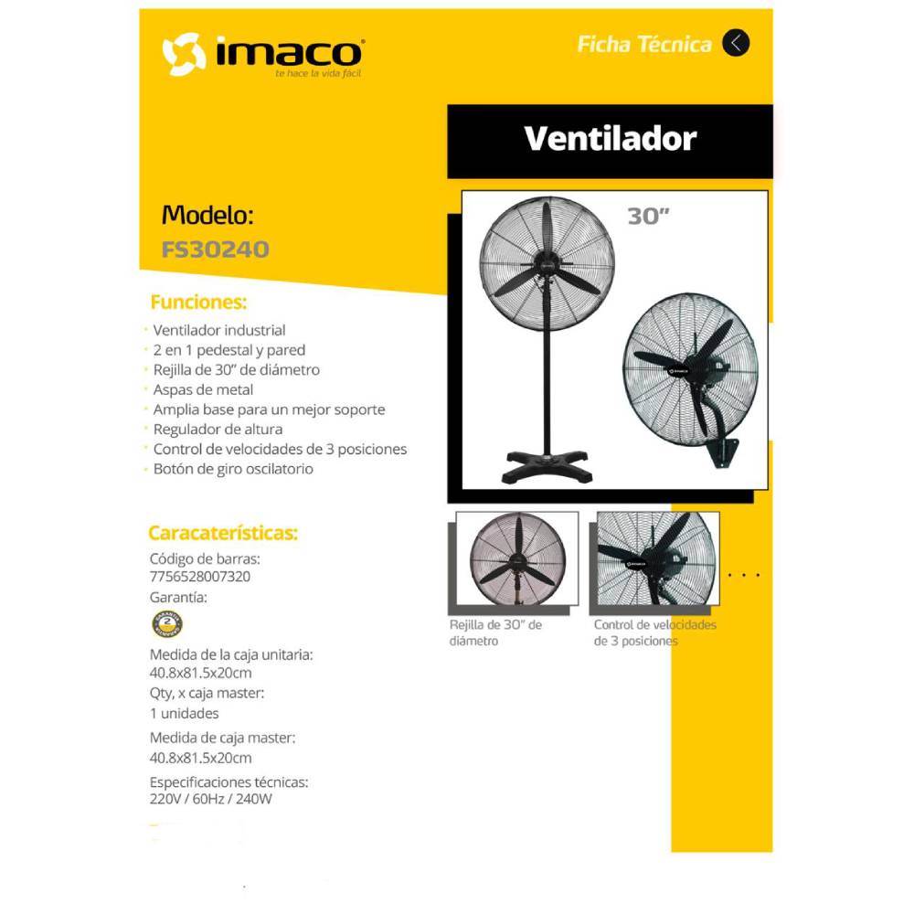 ventilador industrial imaco 30 pulgadas FS30240