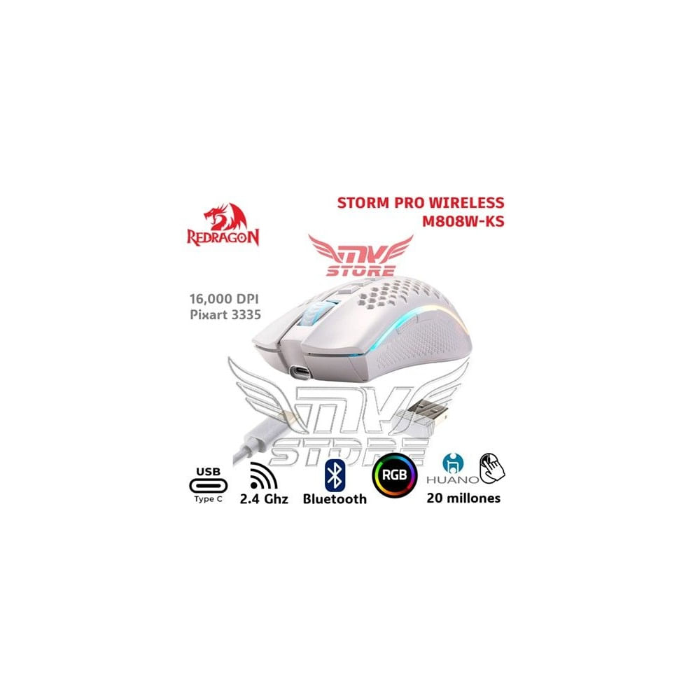 Mouse Gamer Inalambrico RGB Redragon Storm Pro Blanco M808