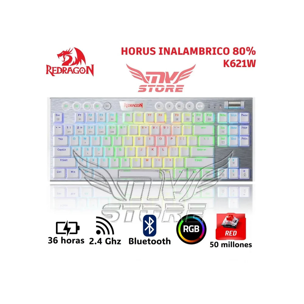 Teclado Mecanico Inalambrico TKL Redragon Horus Blanco K621 RGB