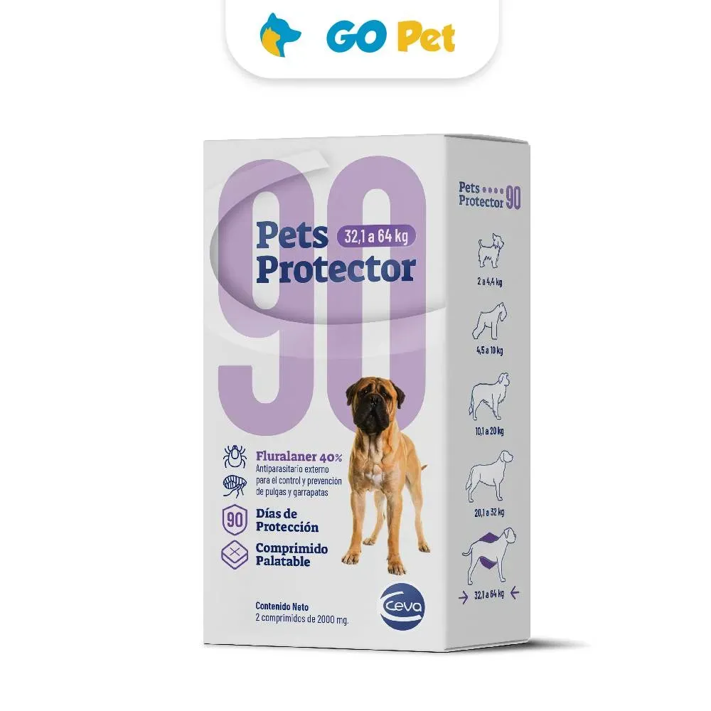 Pets Protector 90 XLarge 32.1 a 64 Kg x 2 Comprimidos Antipulgas para Perros