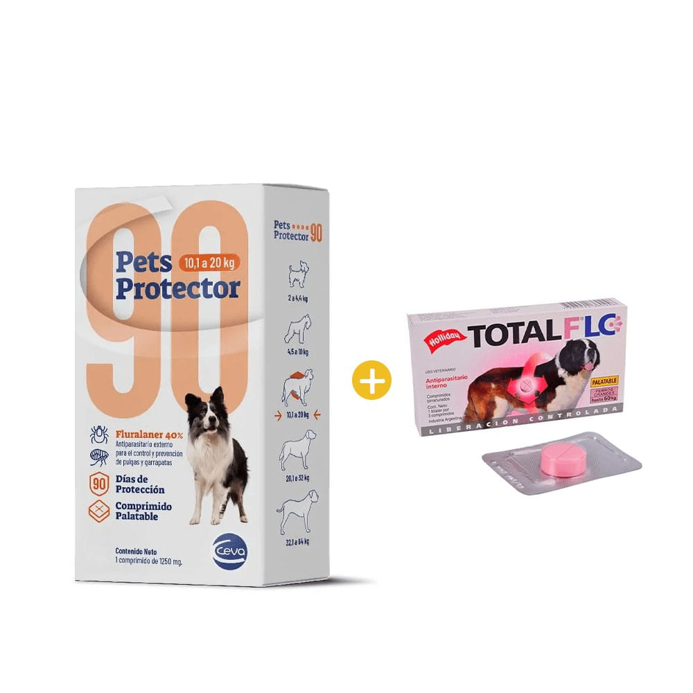 Antipulgas Pets Protector 90 10.1 a 20 Kg x 1 Comp. y GRATIS AP Holliday Total Full 1000Mg x 1 Comp Antipulgas Pets Protector 90 10.1 a 20 Kg x 1 Comp. y GRATIS AP Holliday Total Full 1000Mg x 1 Comp