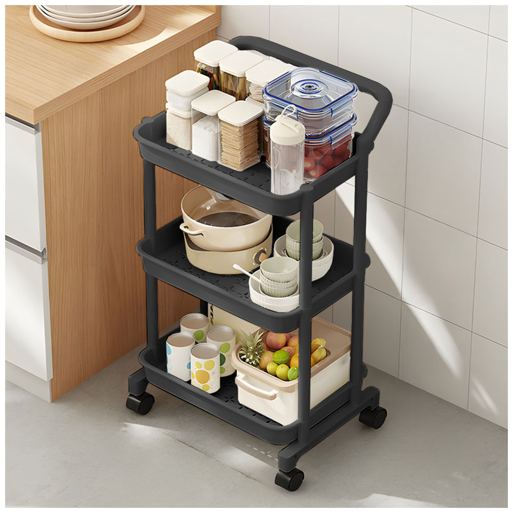Carrito Organizador 3 Niveles con Ruedas Y Asa para Cocina Negro C92