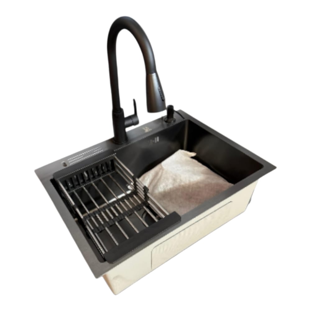 Lavadero Fregadero Cocina 60x45x23 Mezcladora y porta cuchillos Acero SS304 Negro Mate