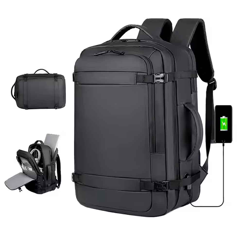 Mochila de Viaje Impermeable 180° Ancho Ajustable Cuero Sintético con Puerto USB Negro Mod. B