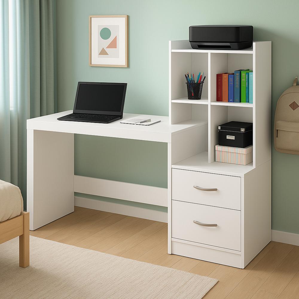 ESCRITORIO CON ESTANTE ENSUEÑO DE MELAMINA COMPACTO V5 BLANCO