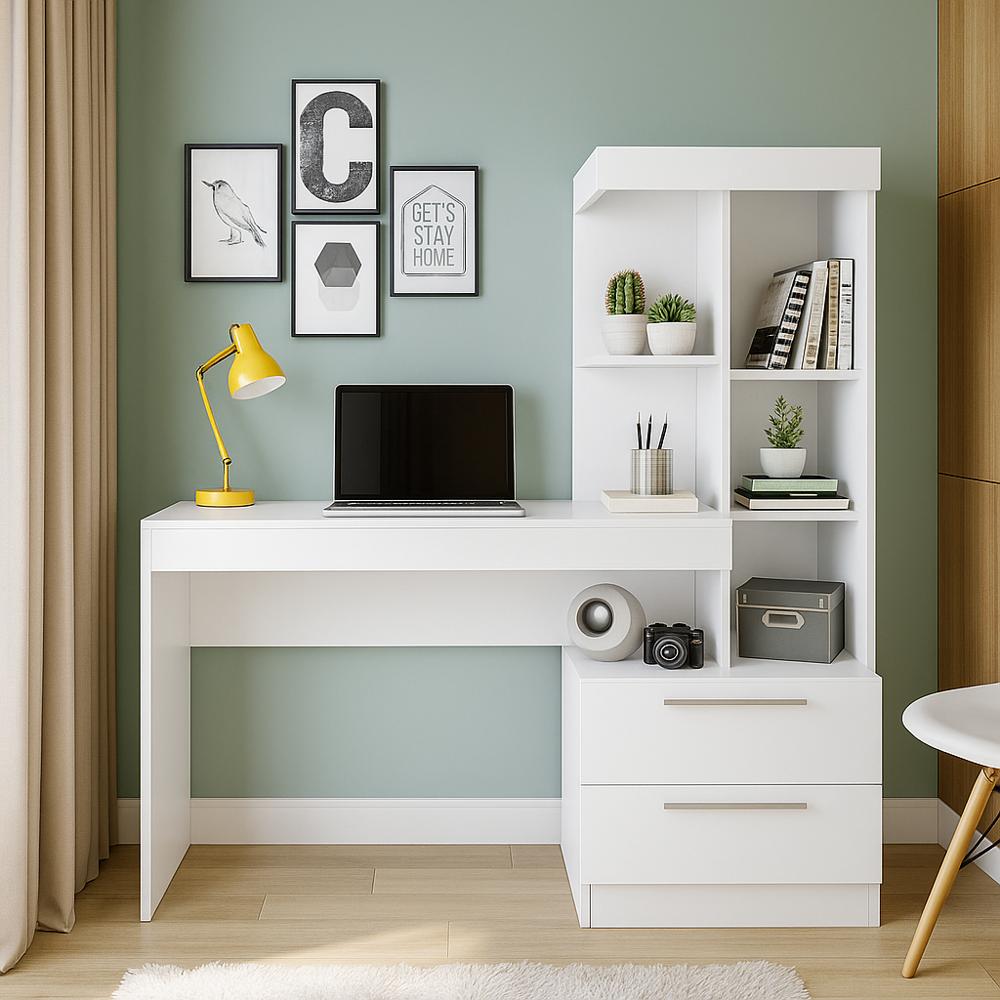 ESCRITORIO CON ESTANTE ENSUEÑO DE MELAMINA  COMPACTO V6 BLANCO