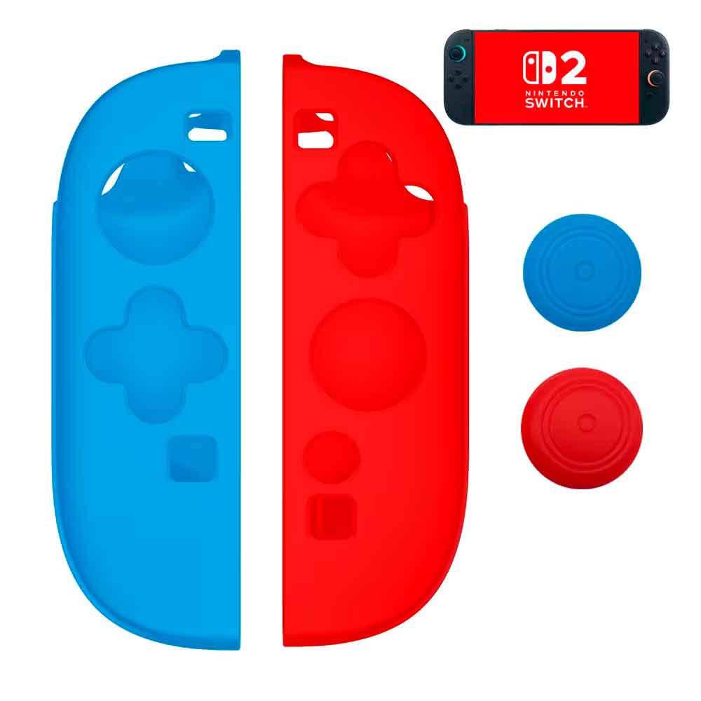 Funda para Joy Cons de Switch 2 + 02 Grips Nintendo Switch 2 Protector Rojo/Azul