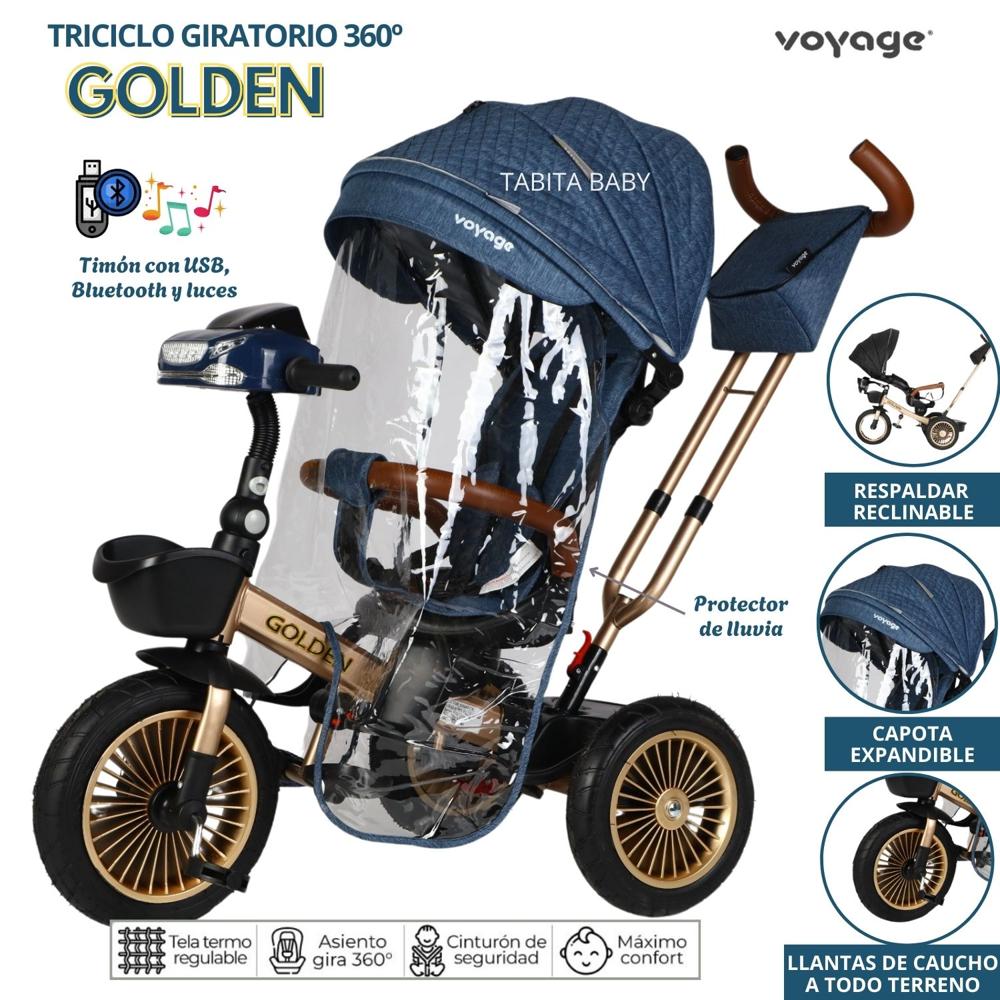 Triciclo Reclinable Giratorio Musical con Protector lluvia Golden Azul