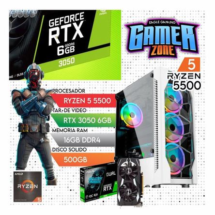 Computadora PC GAMER Ryzen 5 5500 + RAM 16GB + SSD 500GB + VIDEO RTX 3050 6GB Computadora PC GAMER Ryzen 5 5500 -RAM 16GB - SSD 500GB - VIDEO RTX 3050 6GB