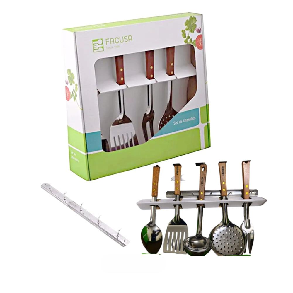 Set de Utensilios x 5 Acero Inox Mango Madera  y Colgador Marca Facusa