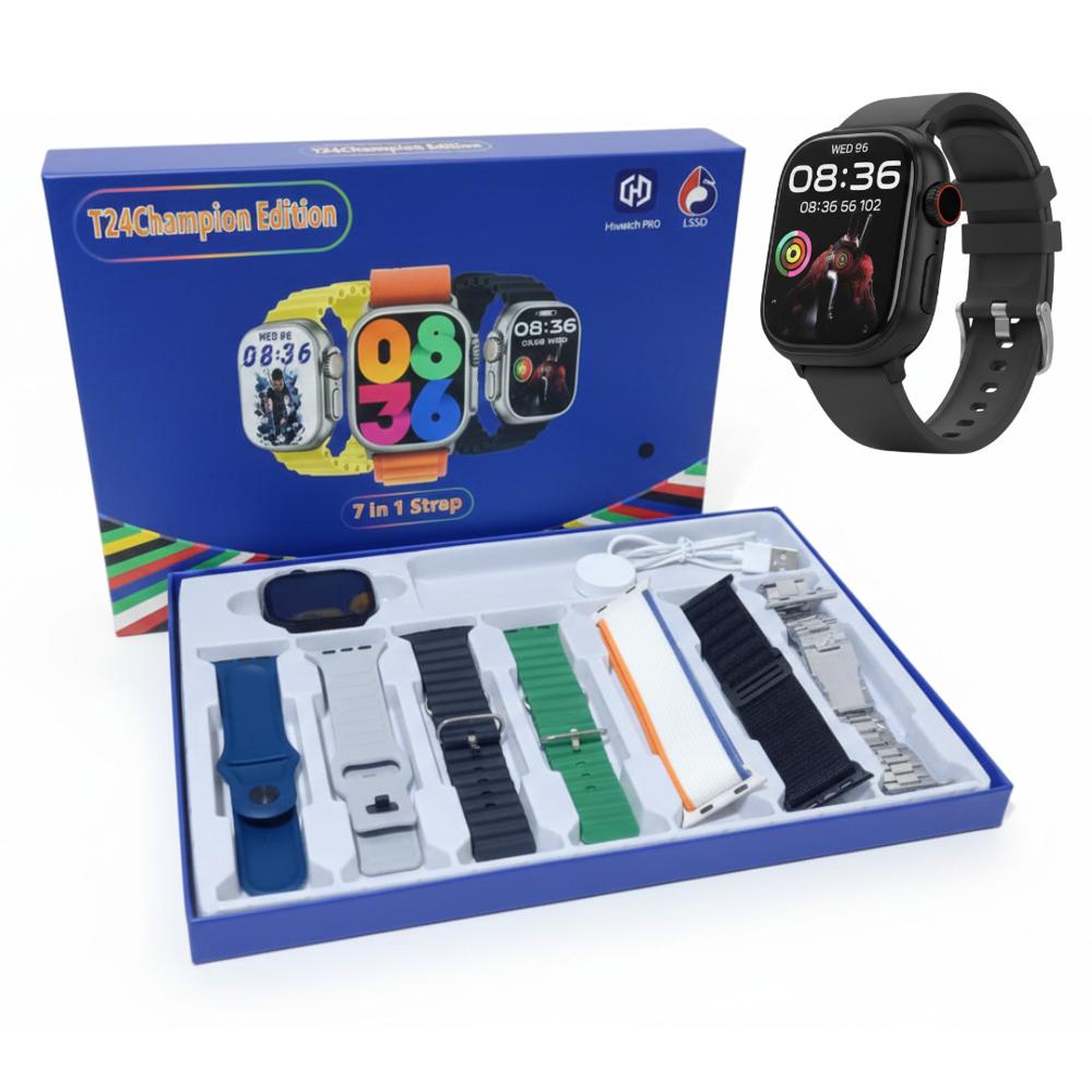Reloj Inteligente para Hombre SmartWatch t24 Champions 7 Correas Intercambiables Negro
