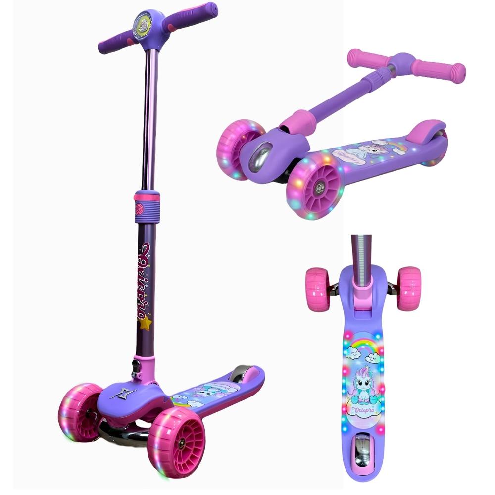 Scooter para niños de 3 a 12 años con luces LED, Bluetooth y freno trasero Violeta
