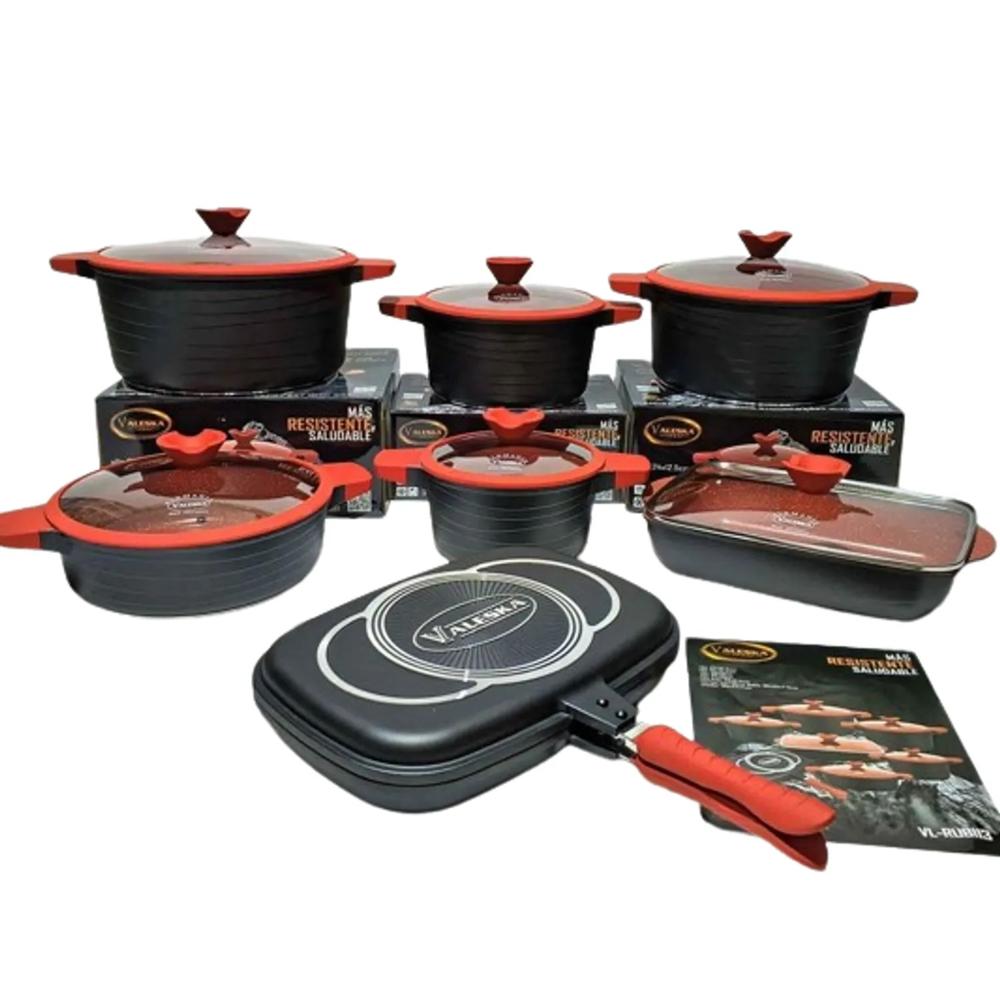 JUEGO  DE OLLAS DE ROCA VOLCANICA NEGRO Y ROJO