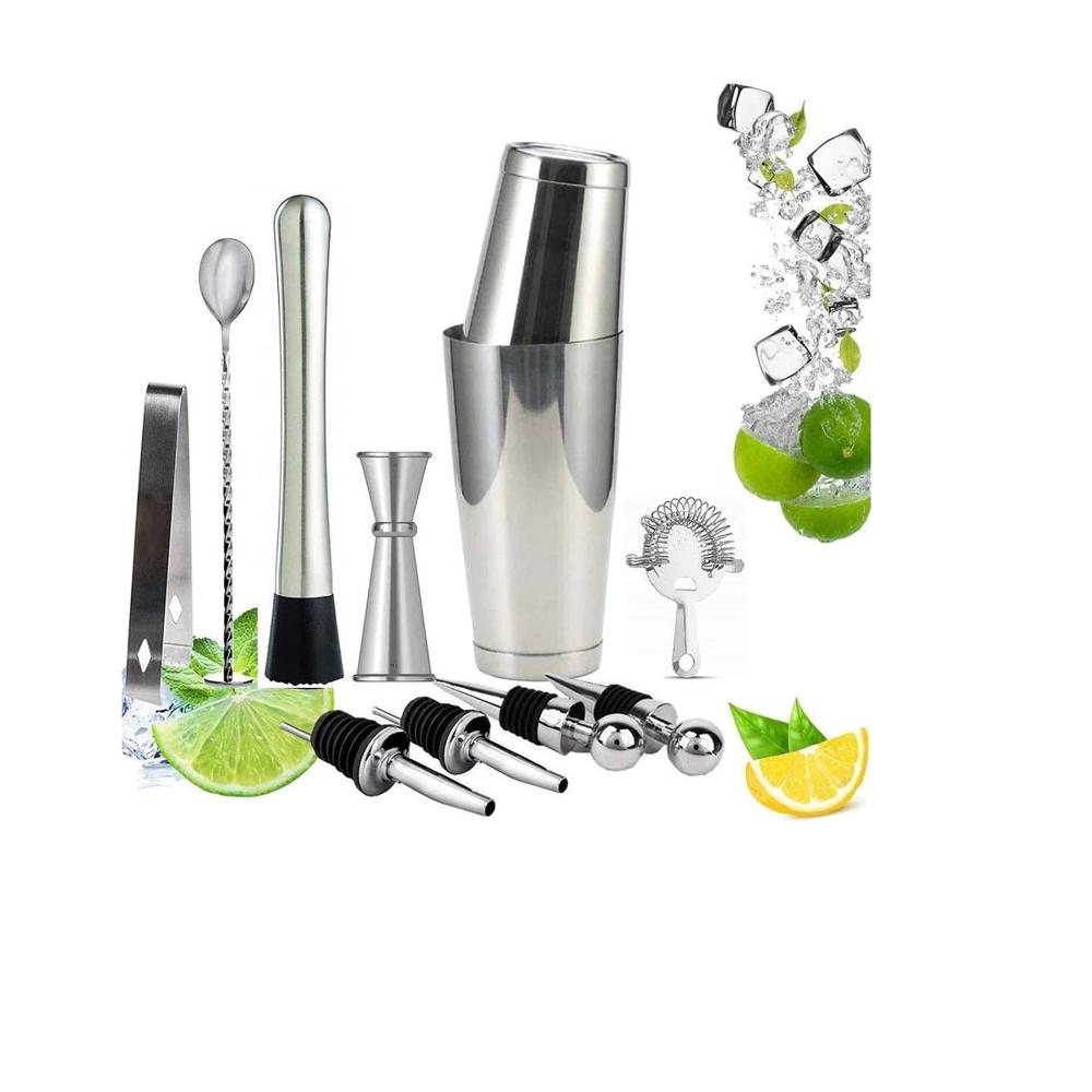 Kit Bartender Coctelero de Acero Inoxidable con Base negra y plata