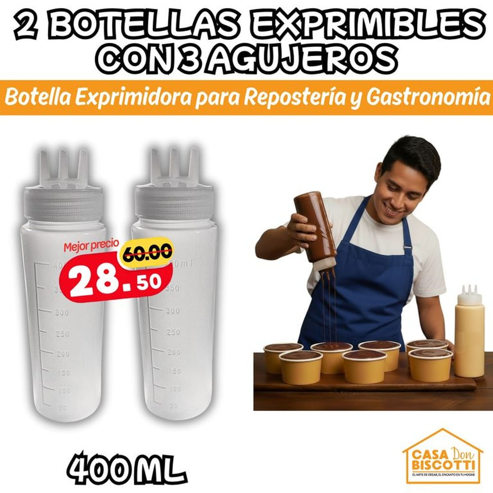 Botellas Exprimidoras de salsas 400ml Multiusos PACK x2 - Frasco para crema y salsas