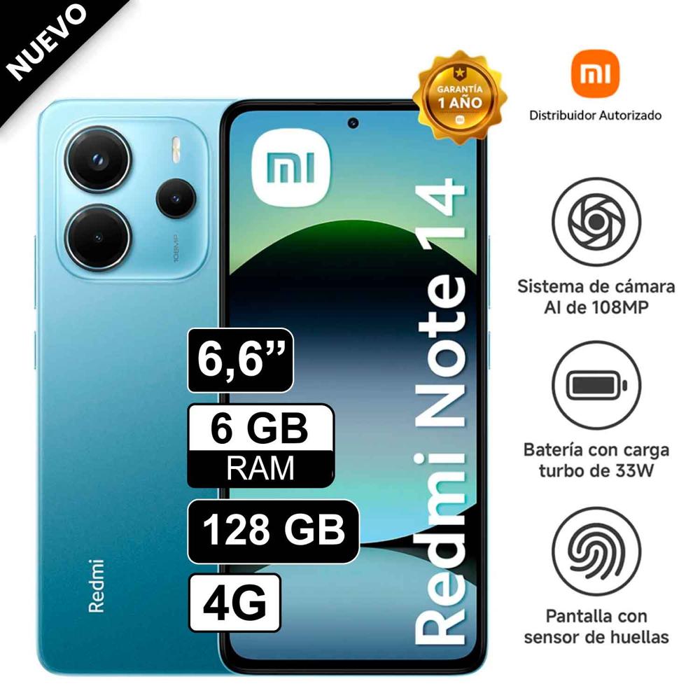 Celular Xiaomi Redmi Note 14 4G 128GB 6GB RAM cámara 108MP, cámara frontal 20MP, 6.6"" Pulg Azul