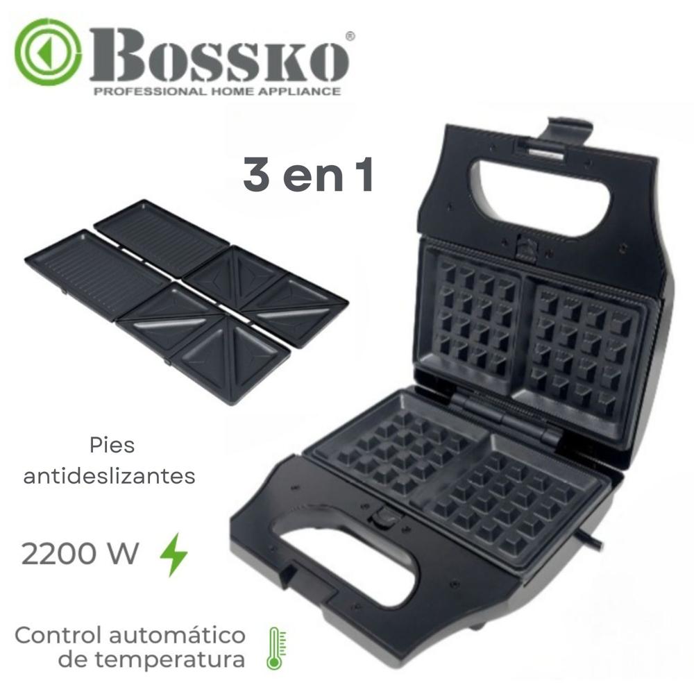 Sandwichera Bossko Intercambiables para Waffles y Grill  3 en 1 Negro