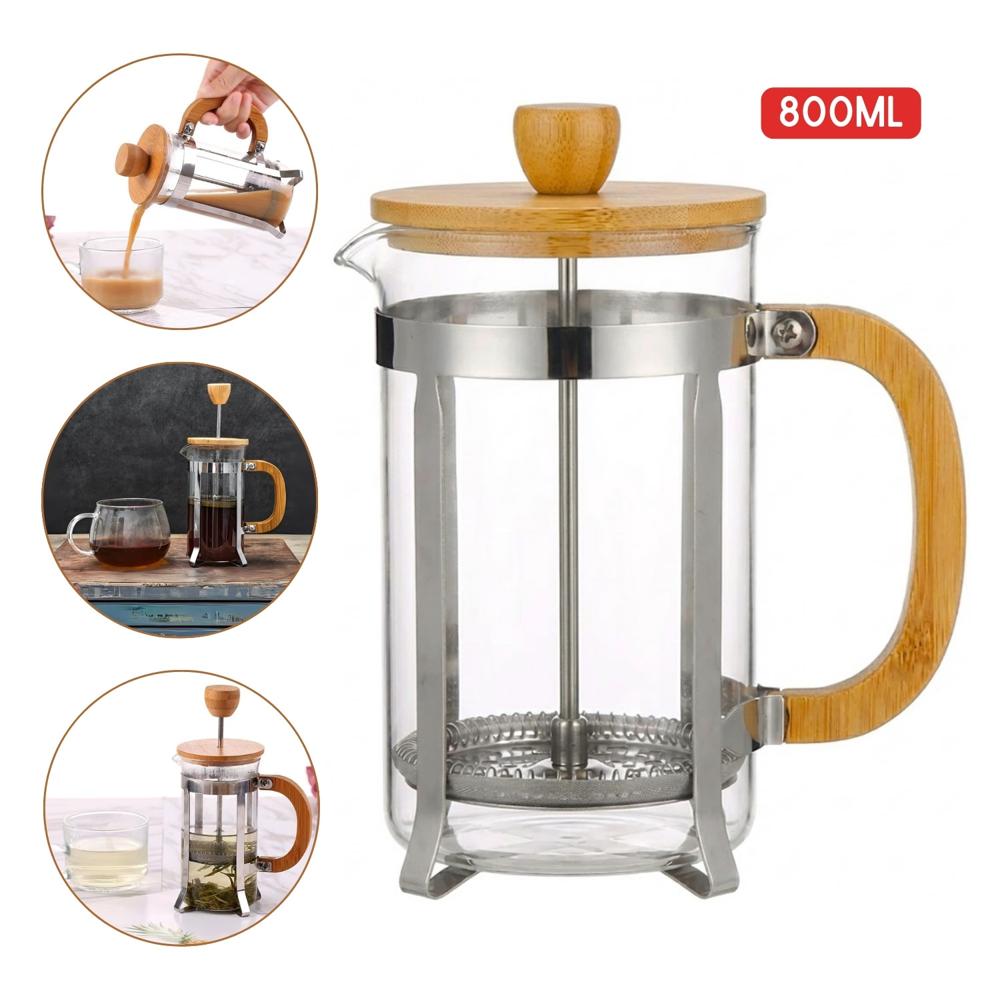 Cafetera Prensa Francesa 800ml con Tapa de Bambú Elegante