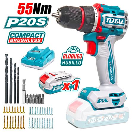 Taladro Atornillador Industrial 13mm Total TDLI205582 20V 55Nm 1Bat x 2Ah Brushless y Accesorios Taladro Atornillador Industrial 13mm Total TDLI205582 20V 55Nm 1Bat x 2Ah Brushless y Accesorios
