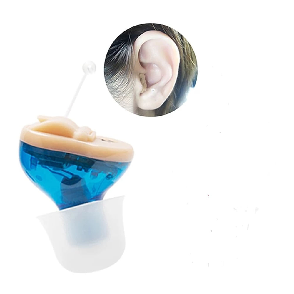 Mini Audifono a pilas para sordera. Lado izquierdo. Color azul