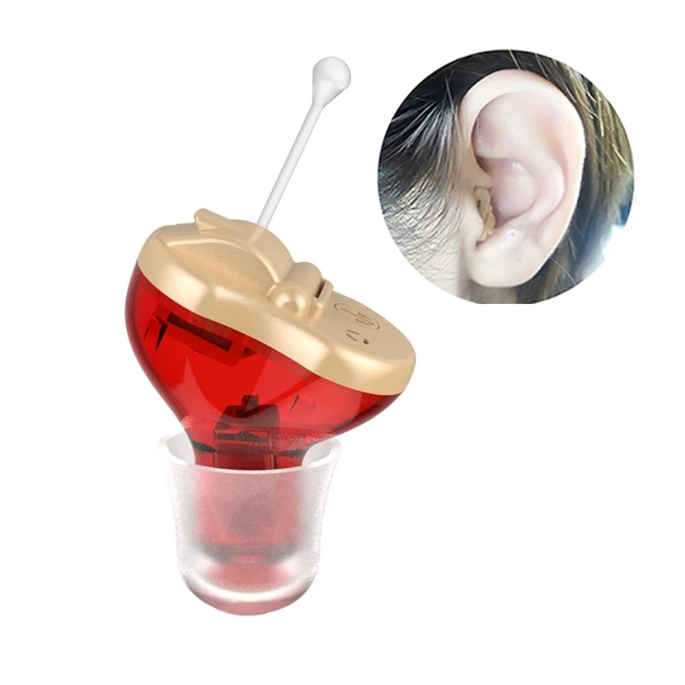 Mini Audifono a pilas para sordera. Lado derecho. Color rojo