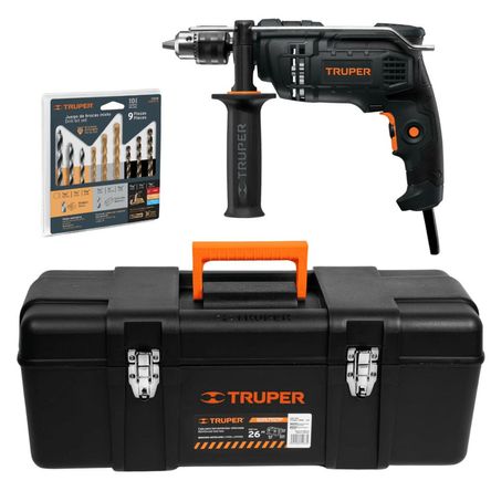 Taladro Percutor 650w + brocas + caja para herramientas 26
