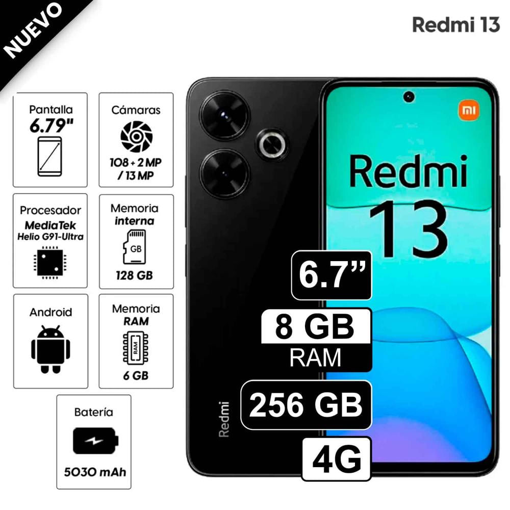 Celular Xiaomi Redmi 13 256GB, 8GB RAM, cámara principal 108MP + 2MP, frontal 13MP, 6.79"", negro