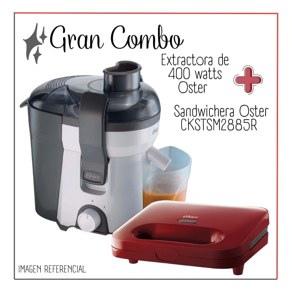COMBO OSTER EXTRACTOR DE JUGOS OSTER 400 WATTS PLOMO + SANDWICHERA OSTER COMPACTA - ROJO