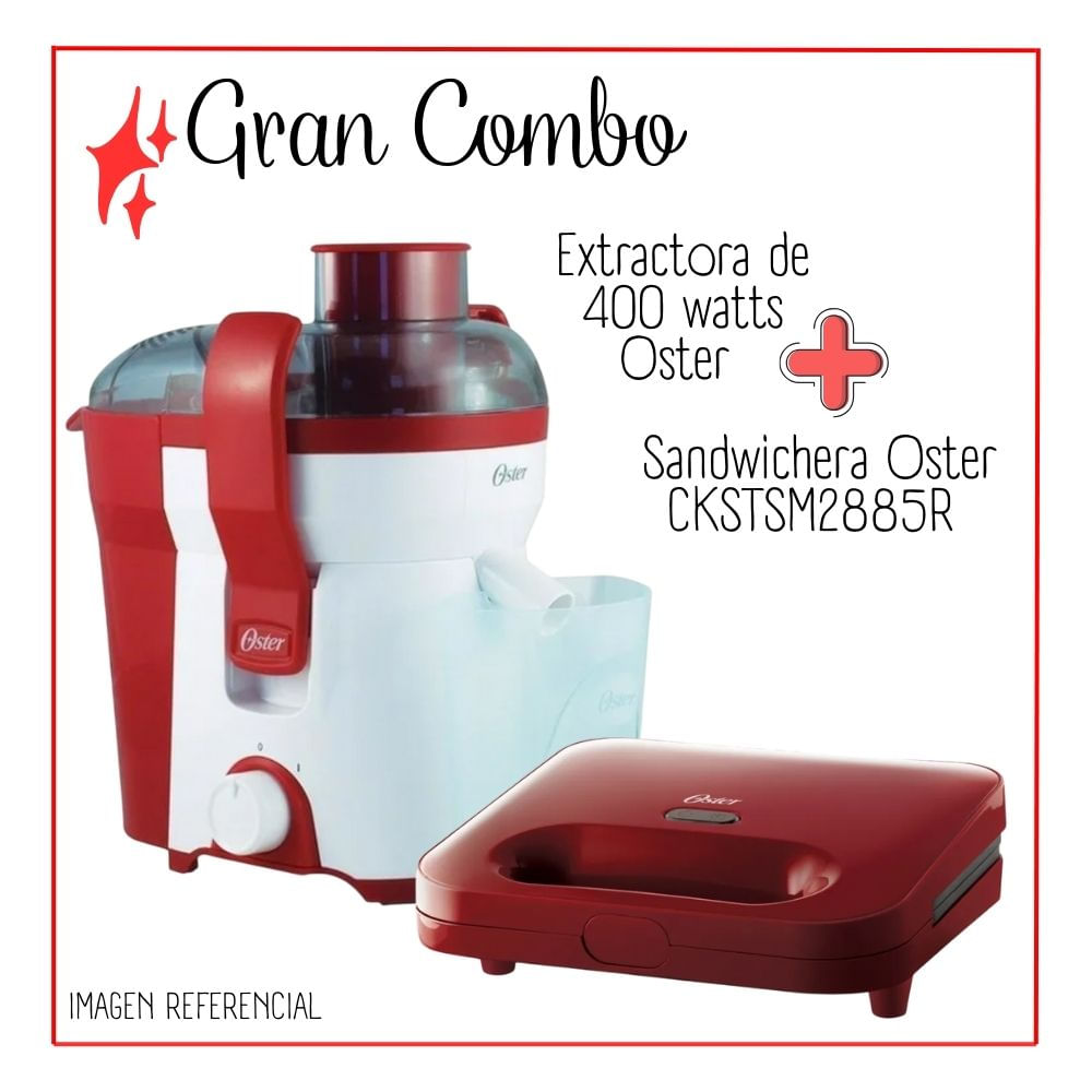 COMBO OSTER EXTRACTOR DE JUGOS DE 400 WATTS ROJO + SANDWICHERA OSTER COMPACTA - ROJO