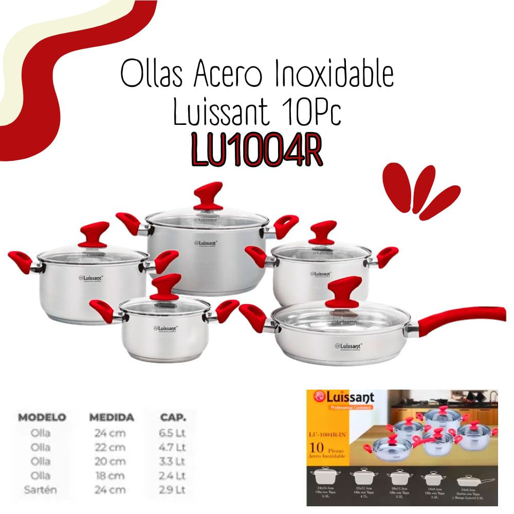 JUEGO DE OLLAS ACERO INOXIDABLE LUISSANT 10 PIEZAS- ROJO
