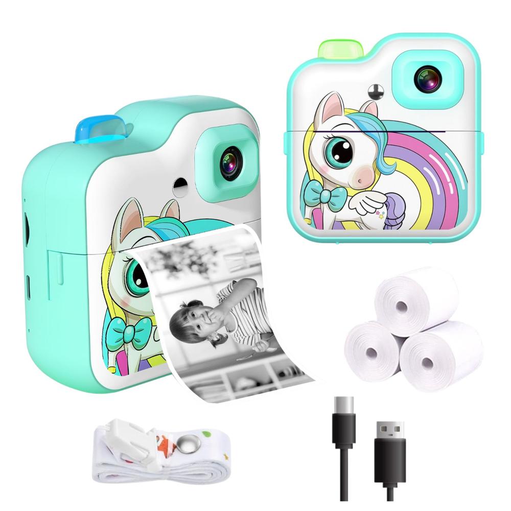 Cámara para Niños 1080p con Impresora Térmica Filtros Video HD y Diseño Unicornio Turquesa