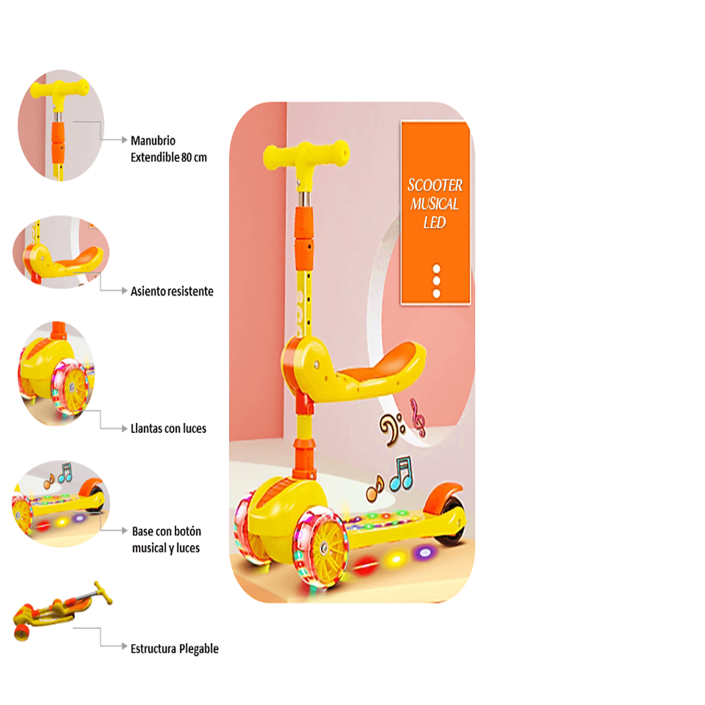 Scooter Musical para Niños Plegable con Asiento y Luces Led Amarillo