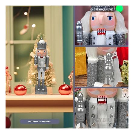 Cascanuez con Corona Baston Navideño en Plateado Blanco Cascanuez con Corona Baston Navideño en Plateado Blanco