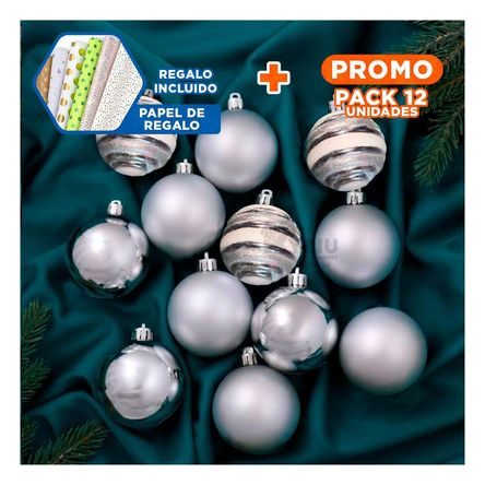 Pack12 Decoracion de Esferas a Rayas Plateado Y+Papel de Regalo