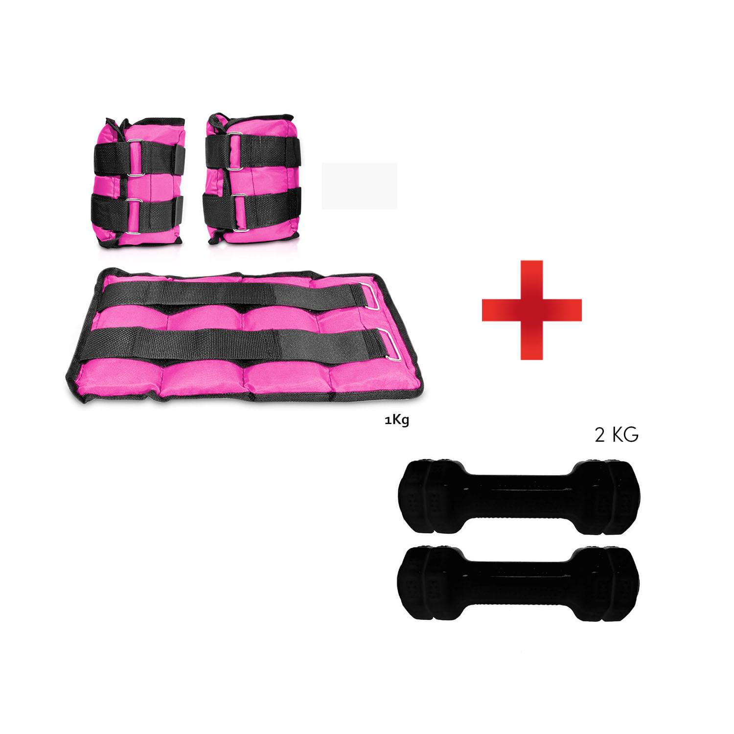 Combo Fitness Tobilleras con peso de 1 kg x 2 Und. Rosadas + Par de Pesas Mancuernas x 2kg Negro