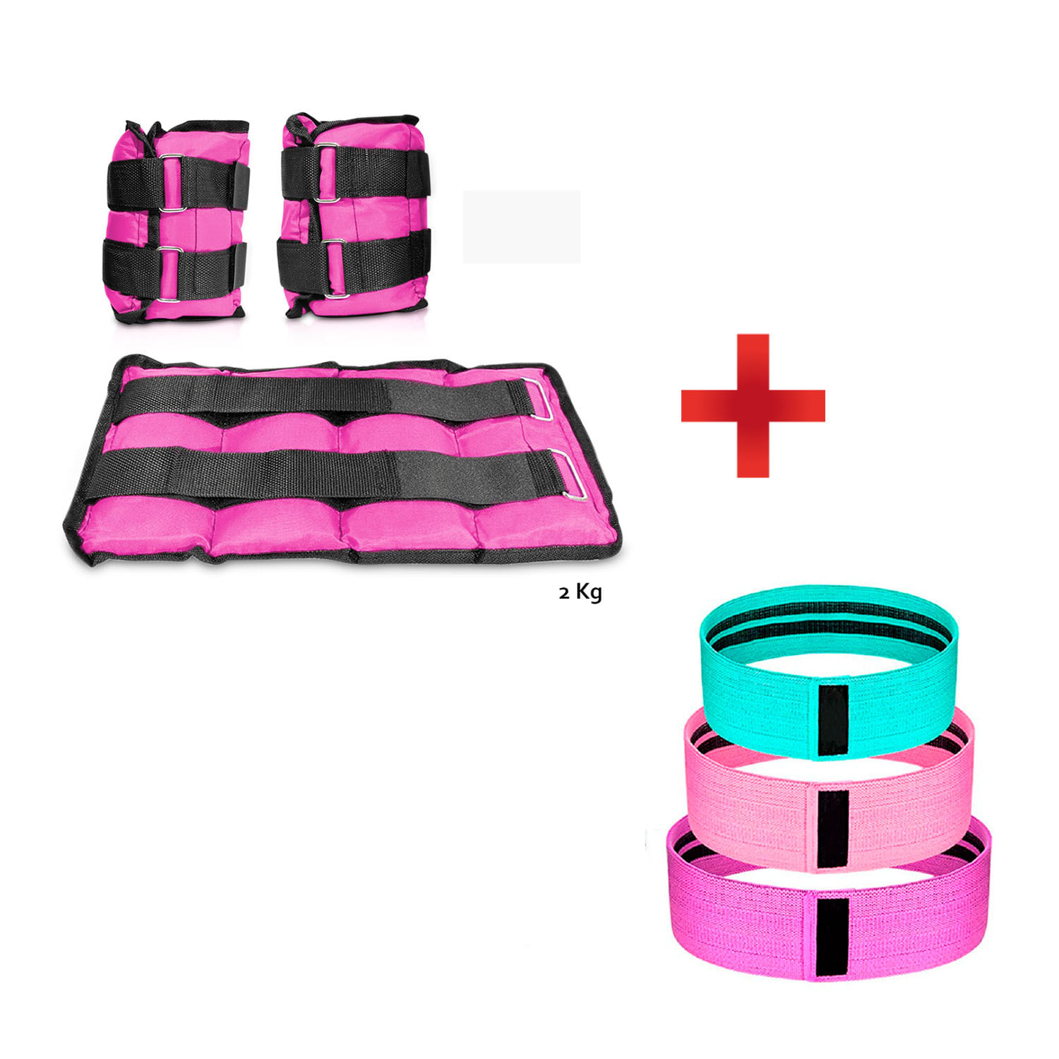 Combo Fitness Tobilleras con Peso de 2 kg x 2 und. Rosadas + Bandas Elásticas de Tela x 3 und.