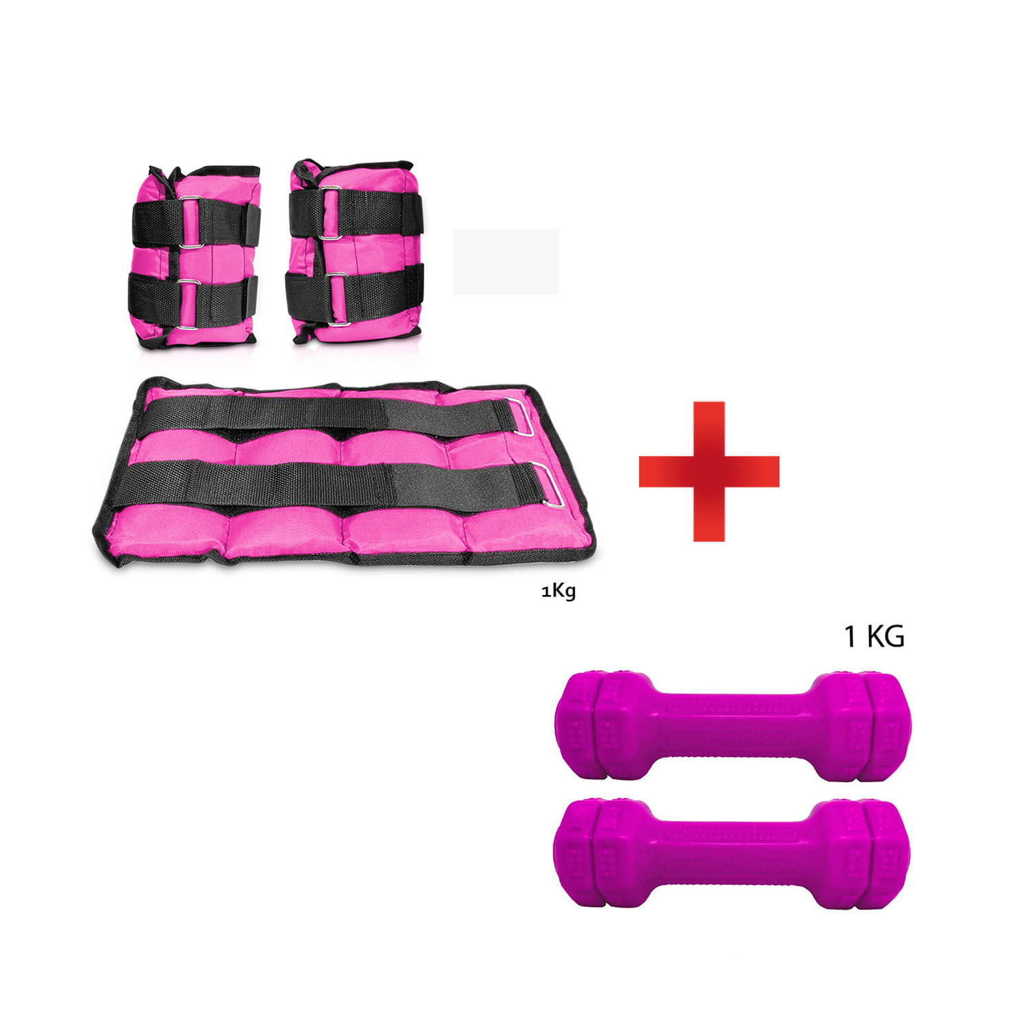 Combo Fitness Tobilleras con peso de 2 kg x 2 Und. Rosadas + Par de Pesas Mancuernas x 1kg Moradas