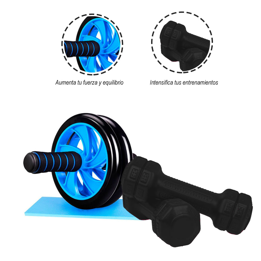 Combo Fitness: Doble Rueda Abdominal+Mancuernas 4Kg