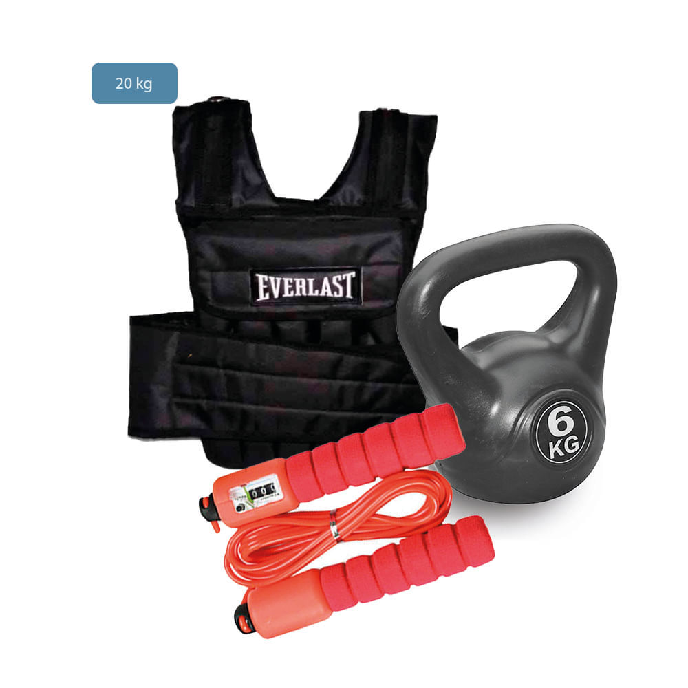 Combo Fitness: Pesa Rusa 6kg Negra + Chaleco con Peso Crossfit 20 kg + Salta Soga con Contador