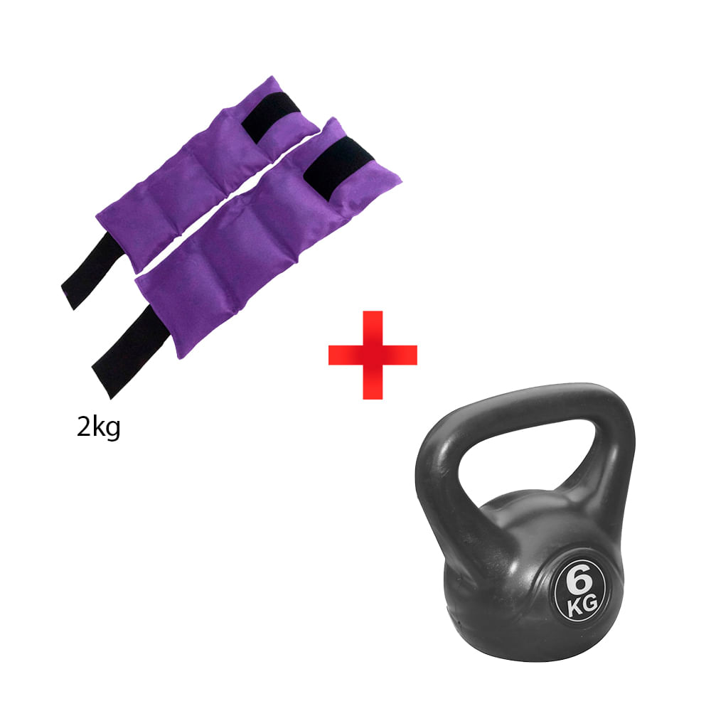 Combo Fitness: Tobilleras de 2kg Color Morado + Pesa Rusa de 6kg Color Negro